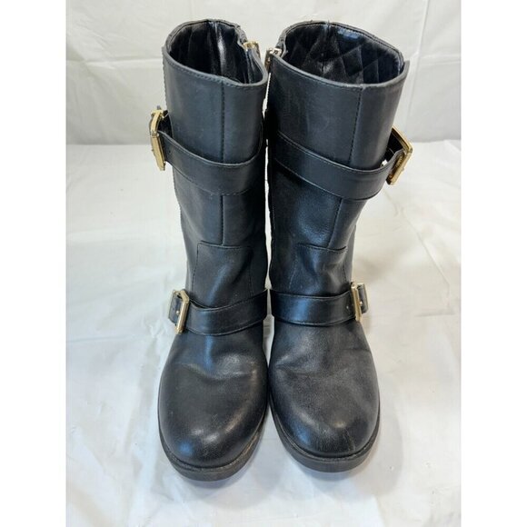 VINCE CAMUTO WILAMENA QUILTED BLACK LEATHER GOLD BUCKLES BIKER BOOTS Size 5.5 M - Picture 5 of 13